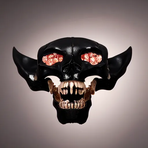 Image similar to opened mouth panther skull with gold teeth and raw gems and crystal inlaid panther skull, exposed in museum, matte black, rose gold, amethyst, high coloration, ambient lightning, focused, highly detailed, 8 k