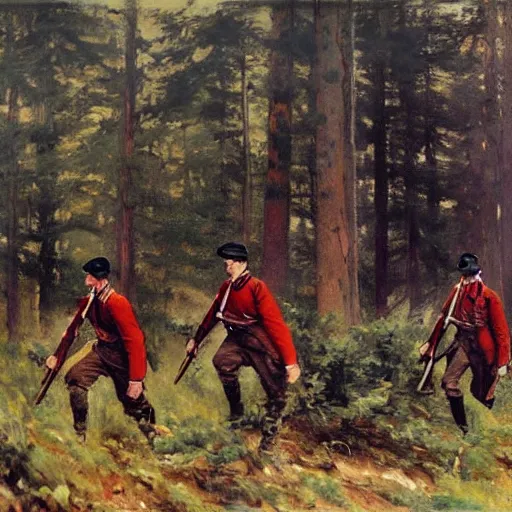 Image similar to ww 1 german soldiers advancing through european forest brush, long grey capes with red accents, 1 9 0 5, oil on canvas, william james aylward, harvey dunn, john singer sargent