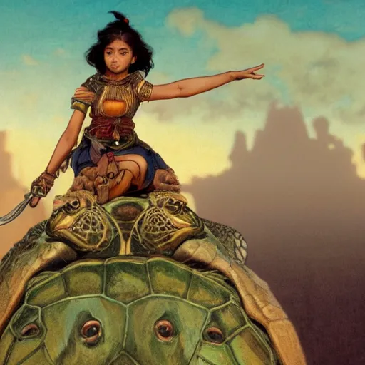 Prompt: a little warrior girl sitting on top of a giant turtle that is walking in the desert, seen from a distance. the girl is fully visible and has dark skin, realistic full body and a very beautiful detailed face with long black hair. diffuse light, dramatic sky and landscape, fantasy illustration by mucha