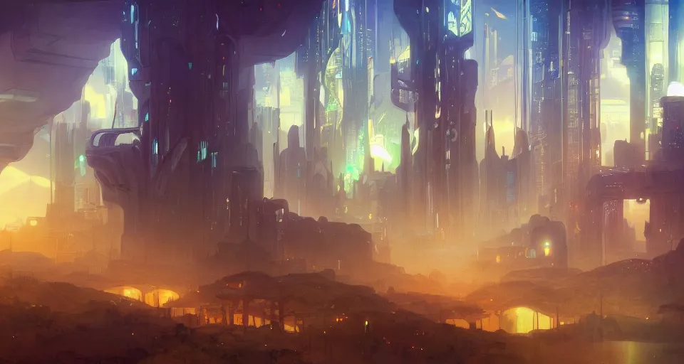 Image similar to A beautiful landscape painting of cyberpunk landscape by Alfons Maria Mucha and Don Bluth and Makoto Shinkai