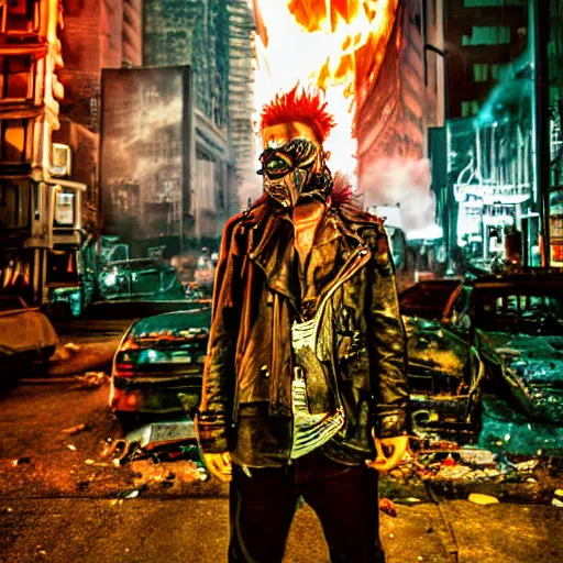 Image similar to post apocalyptic city, revolutionary punk masked up punk, fire, damaged, trash, full shot, by liam wong