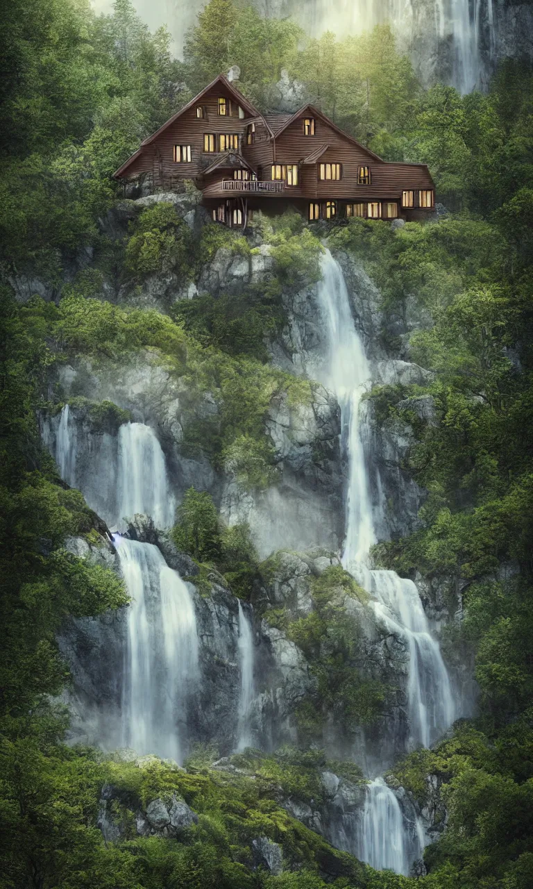 Image similar to beautiful large scandinavian house in the forest on a hill, a large waterfall flows down from the mountain in the background, vector art, fabulous, random cinematic view, no noise, global illumination, warm lighting, volumetric, by jordan grimmer