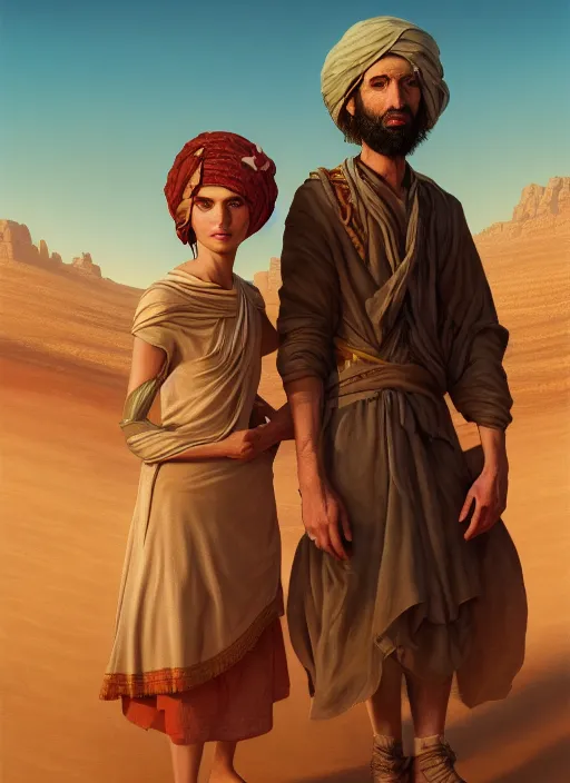 Prompt: highly detailed painting of two jews in the desert, detailed faces, unreal engine, greg rutkowski, ilya kuvshinov, ross draws, tom bagshaw, tom whalen, nicoletta ceccoli, mark ryden