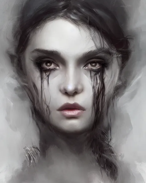 Prompt: portrait of demon girl, dreamy and ethereal, expressive pose, big black eyes, exciting expression, fantasy, intricate, elegant, dark and moody smoke, highly detailed, digital painting, artstation, concept art, smooth, sharp focus, illustration, art by nekro borja, artgerm and greg rutkowski and alex flores