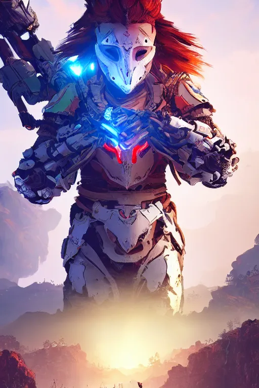 Image similar to combination suit armor aloy horizon forbidden west horizon zero dawn radiating a glowing aura global illumination ray tracing hdr fanart arstation by ian pesty and alena aenami artworks in 4 k tribal robot ninja mask helmet backpack