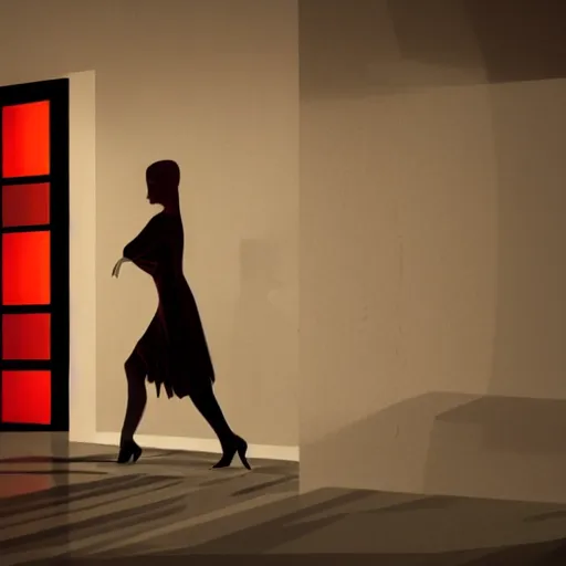 Prompt: she stands in the room, the red light from above outlines the perfect shape of her shadow on the floor below