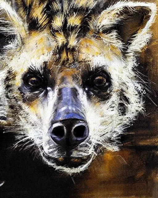 Image similar to striped hyena closeup art by guy denning,