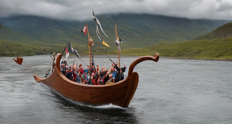 Image similar to fast viking ship sailing down a river, f / 2. 8, motion blur