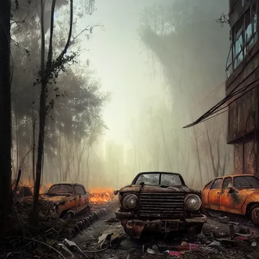 Image similar to wild forest!!! vegetation!!!, rubble!!, rusty cars!!, postapocalyptic city of munic!!, hyperrealistic, highly detailed, cinematic, foggy light from fires, beautiful, cgssociety, artstation, 8 k, oil painting by greg rutkowski, by artgerm, by wlop