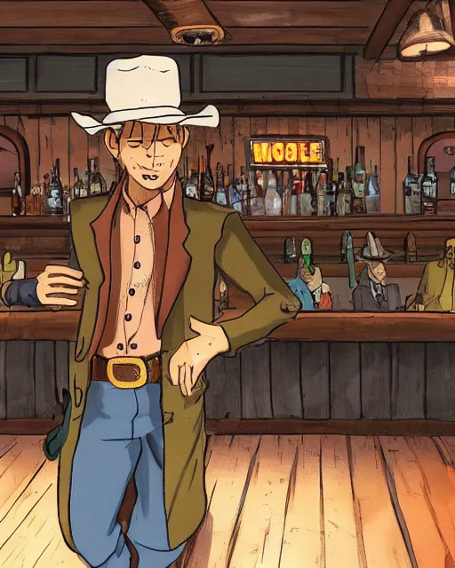 Prompt: an old cowboy walking into a crowded saloon bar. Anime. Soft lighting.