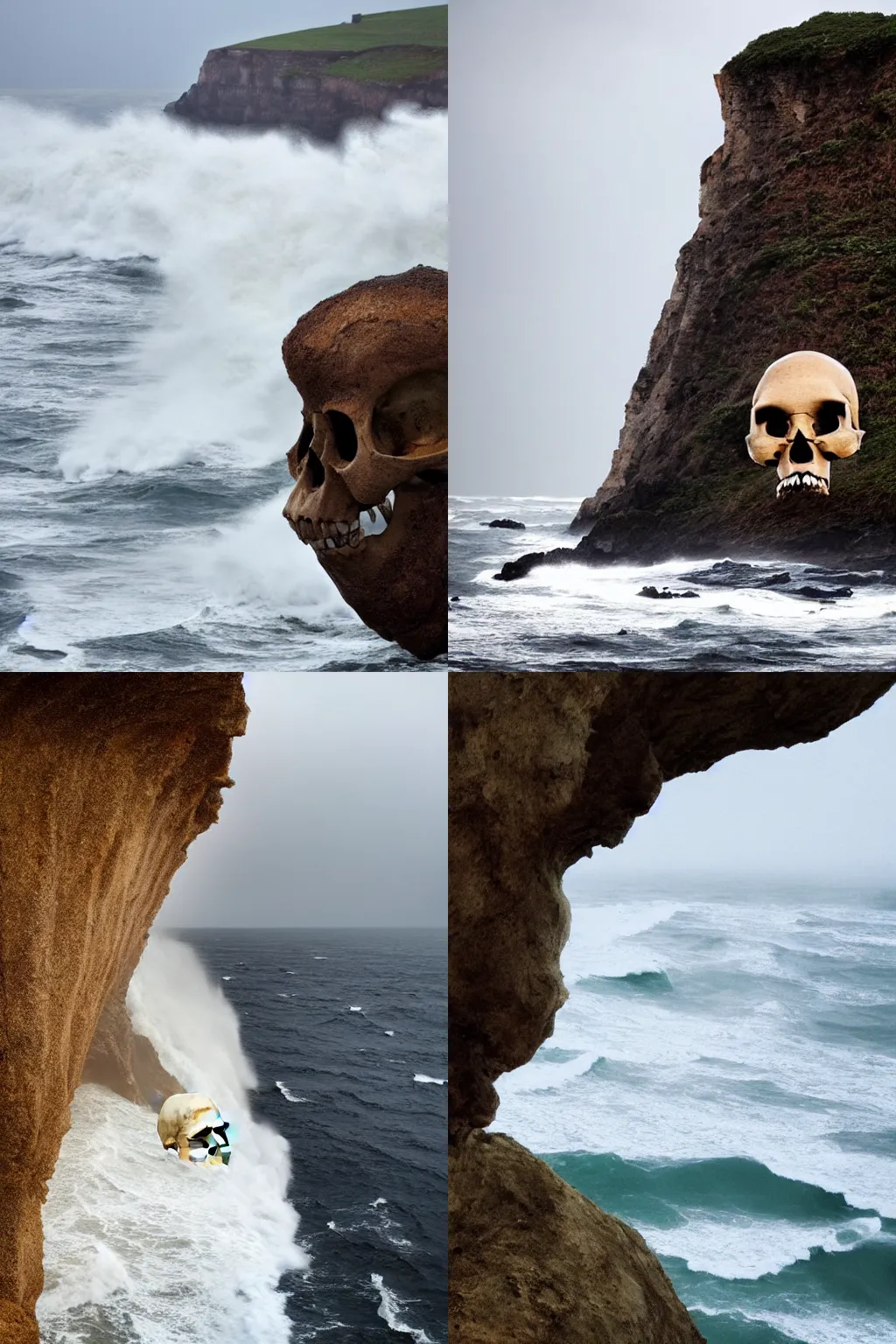 Prompt: giant human skull embeded in the the side of a cliff facing the sea, waves crashing, storm, epic, dramatic