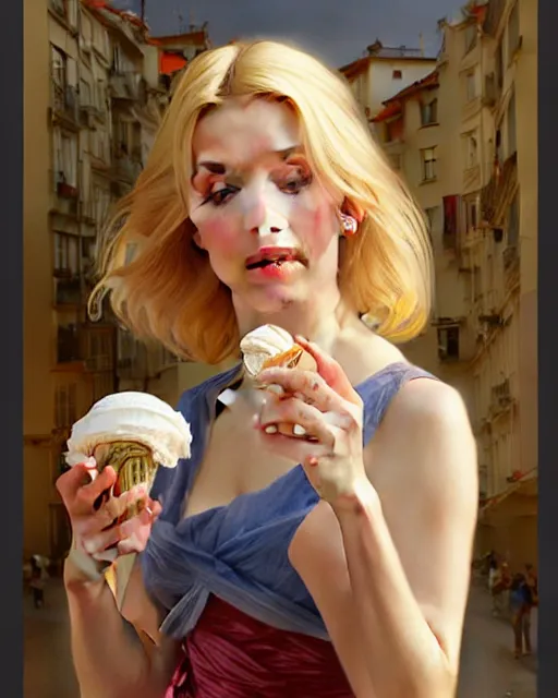 Image similar to Painting of a blonde lady eating an ice cream in Porto,real life skin, intricate, elegant, highly detailed, artstation, concept art, smooth, sharp focus, art by artgerm and greg rutkowski and alphonse mucha