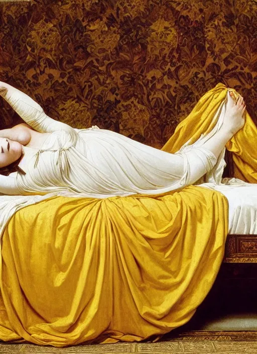 Prompt: masterpiece portrait of lady reclining on bed, draping flowing raising twisting rising sheets floating flying curling, wearing yellow ochre ornate medieval dress, vertical, foreshortening, colour photography by frederic leighton, william morris, 8 k