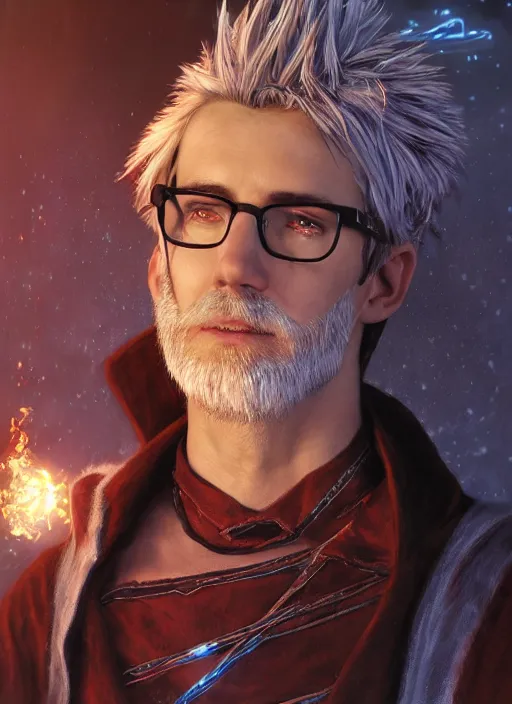 Prompt: short spiky brown hair and glasses male wizard wearing blue robe, dndbeyond, bright, realistic, dnd character portrait, full body, art by ralph horsley, dnd, rpg, lotr game design fanart by concept art, behance hd, artstation, deviantart, global illumination radiating a glowing aura global illumination ray tracing hdr render in unreal engine 5