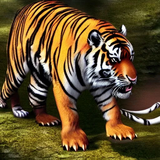 Image similar to tiger and tyrannosaurus hybrid, realistic cgi render