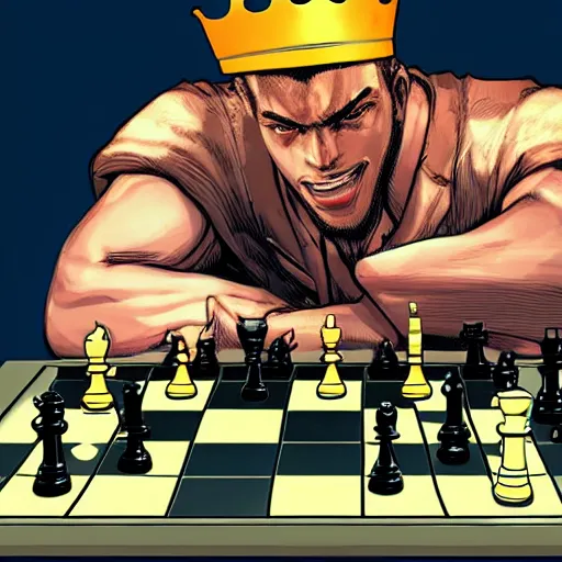 Image similar to king ( from tekken ) playing chess, comicbook style