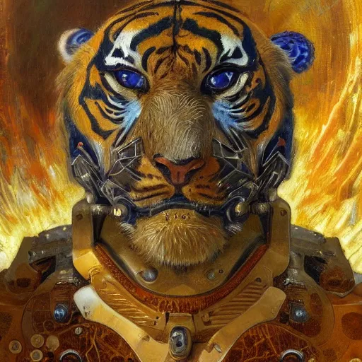 Image similar to highly detailed portrait of a tiger shaped mecha, painting by gaston bussiere, craig mullins, j. c. leyendecker, lights, art by ernst haeckel, john william godward, hammershøi, alex grey, psychedelic, dmt