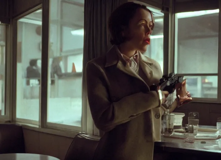 Prompt: cinematic portrait of olivia coleman holding up a heavy glock handgun in her left hand, standing paranoid in classic diner, scene from the tense thriller film ( 2 0 0 1 ) directed by spike jonze, hyper - detailed face dramatic backlit window, volumetric hazy lighting, moody cinematography, 3 5 mm kodak color film, anamorphic wide angle lens