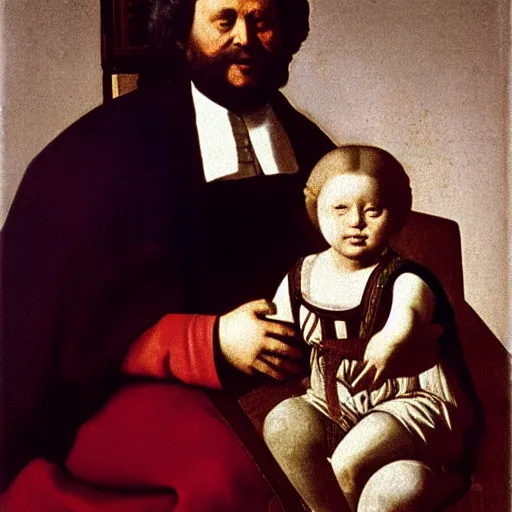 Prompt: Karl Marx as Madonna with child, Renaissance painting, art by Vermeer