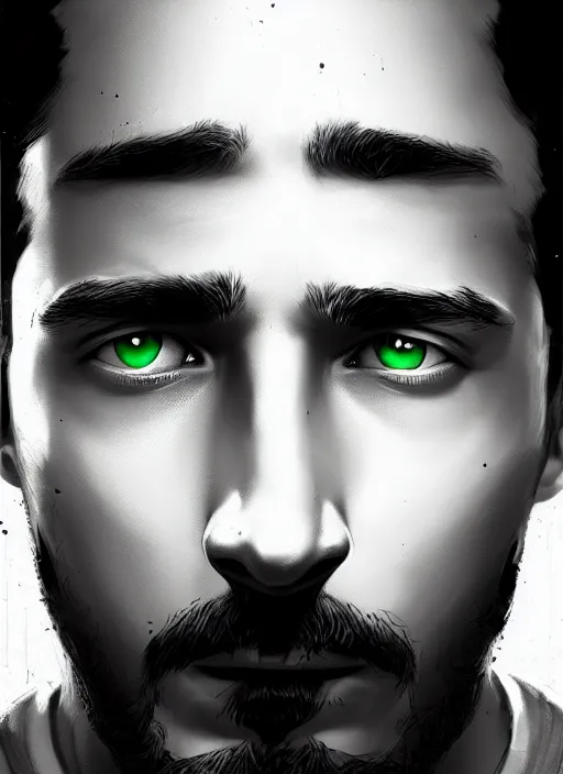 Image similar to highly detailed closeup portrait motivational poster of shia lebouf with large bold letter motivational words by greg rutkowski, by artgerm, gradient green, black and white color scheme, black border