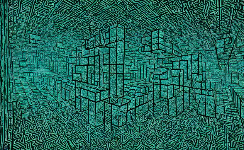 Prompt: interior of an elaborate labyrinth of runic cubes, ancient overgrown, dark teal, endless maze - like runes, sharp high detail, masterpiece by satoshi kon, crystal cubism, greeble, tesseract, darksynth, high definition