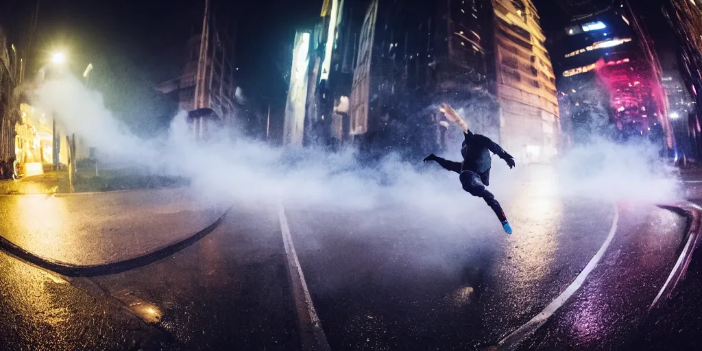 Image similar to fisheye slow motion with trail effect of futuristic break dancer wearing long dark cloak and tongue of fires, long exposure shot , enigmatic, at night in the middle of a rainy street, paddle of water, steam, fog, water splashes, rim lights, glossy reflections, water droplets on lens, octane render, Volumetric Golden dappled dynamic lighting, dark and dramatic, detailed and soft,