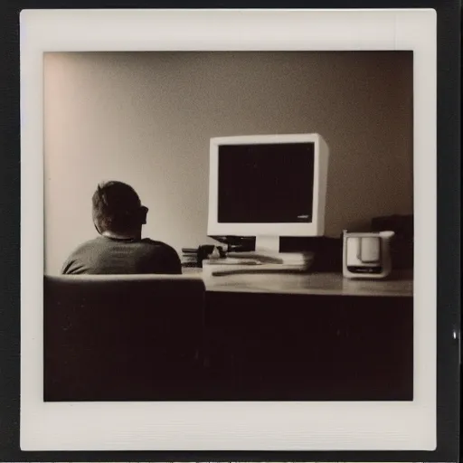 Prompt: Detailed polaroid photograph of a guy sitting at his 80s computer late at night in a dark room with only the screen lighting up the room