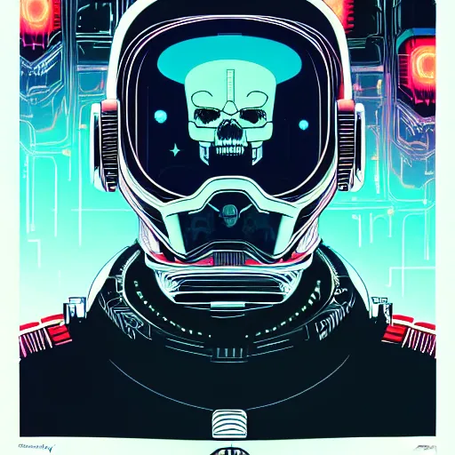 Image similar to close up portrait of a 23rd century Space Pirate by James Jean Dan Mumford Strongstufftom, most wanted, skull helmet, glorious data traveler, Ghost in the shell, Akira, cyberpunk, Blade Runner