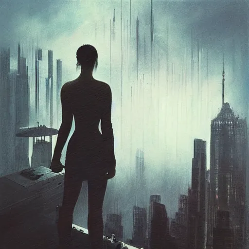 Prompt: “ girl standing on a roof looking down at a foggy futuristic new york city below, blade runner, cyberpunk, storm clouds, very detailed, by frank frazetta ”