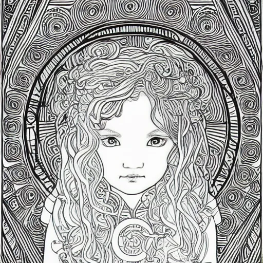 Image similar to clean simple line art of a little girl with wavy curly hair. no background. well composed, clean coloring book page, beautiful detailed face. coloring book line art by greg rutkowski and johanna basford and alphonse mucha