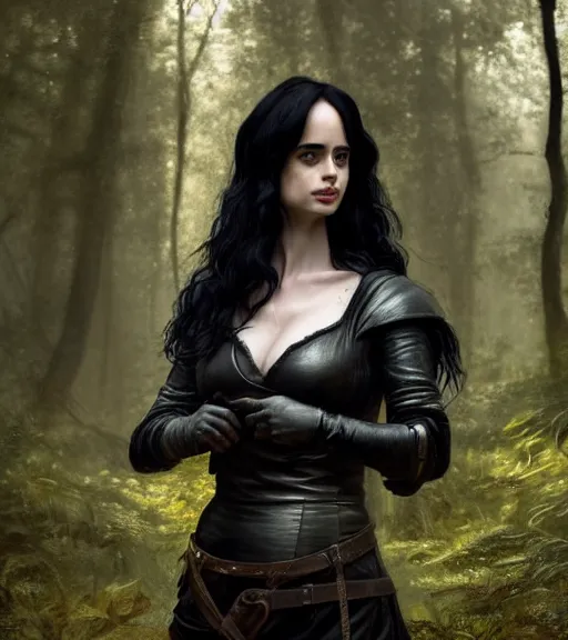 Image similar to 5 5 mm close up portrait photo of krysten ritter as yennefer of vengerberg in black leather armor and long black puff hair, in a forest. magical atmosphere. art by greg rutkowski. lifelike. very detailed 8 k. intricate. soft light. nikon d 8 5 0.