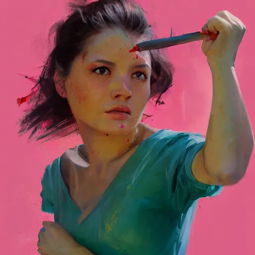 Image similar to greg manchess portrait painting of an female survivor in a bloody pink t shirt, goddess, wet flowing hair, bandage nose, shiny wet skin, medium shot, asymmetrical, profile picture, organic painting, matte painting, bold shapes, hard edges, street art, trending on artstation, by huang guangjian and gil elvgren and sachin teng