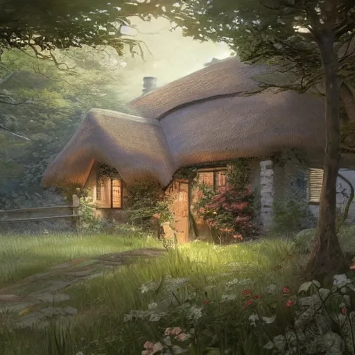 Image similar to concept art painting of an english cottage with japanese influence, in the woods, cozy, realistic, detailed, cel shaded, in the style of makoto shinkai and greg rutkowski and james gurney