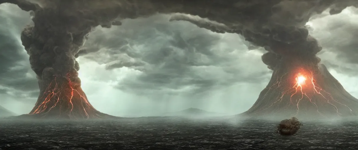 Image similar to a giant octopus god floating over a rain forest, lightning and sun rays, ambient light, a volcano erupts, still from the movie the arrival, 8k