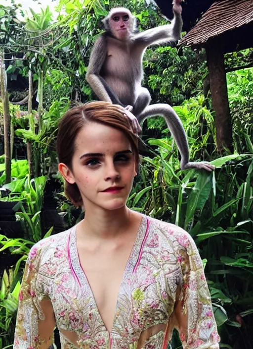 Prompt: emma watson wearing traditional kebaya bali in bali. iconic monkey place in bali. front view. instagram holiday photo shoot, perfect faces