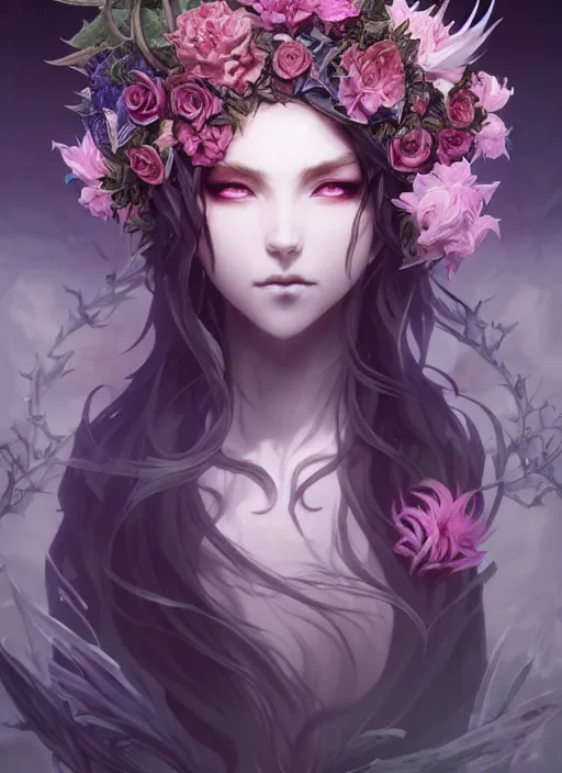Prompt: beautiful necromancer with mist and smoke magic, surrounded by thorns and lilies. wavy hair, floral halo crown, attarctive face, anime key visual, highly detailed, sharp focus, concept art, league of legends, style by shumolly and monable and artgerm and greg rutkowski and zeronis and pilyeon and ruan jia