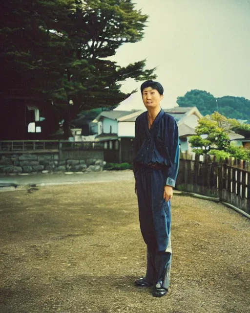 Prompt: a lomographic photo of old pacific rim ( 2 0 1 3 ) jaeger, standing in typical japanese yard in small town, hikone on background, cinestill, bokeh