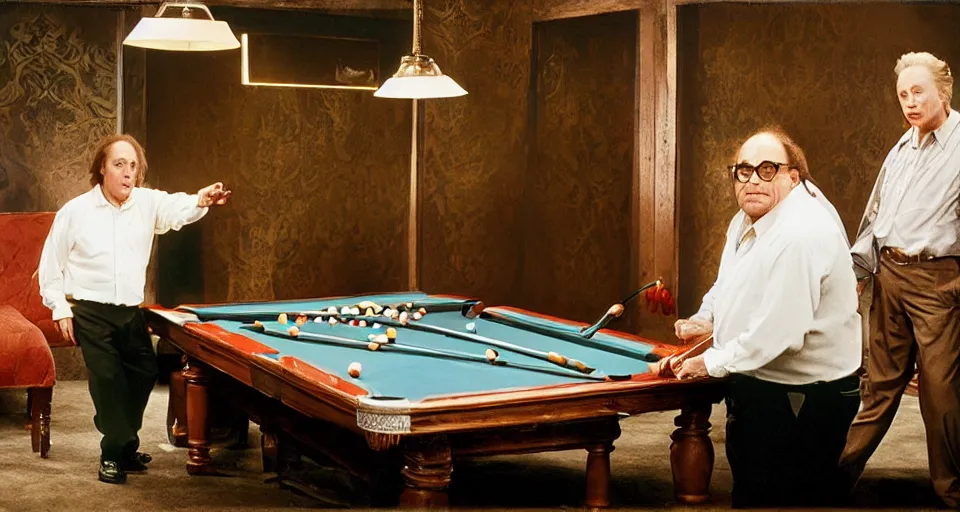 Prompt: danny devito and christopher walken playing billiards in the style of Annie Leibovitz, Hasselblad medium format camera, set up portraiture, painterly quality, soft lighting, highly detailed, photorealistic,