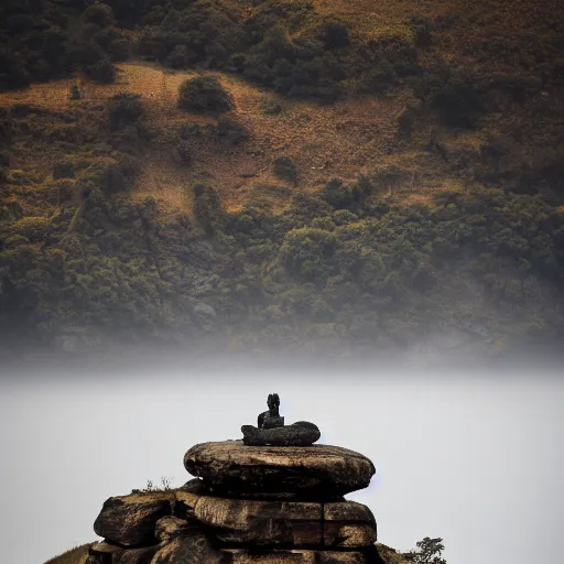 Image similar to huge stone buddha statue on a cliff, rule of thirds, 8 k, moody, water, intense color, highly detailed, dream landscape, wide, cinematic, hyperrealistic, stone, old ruins,