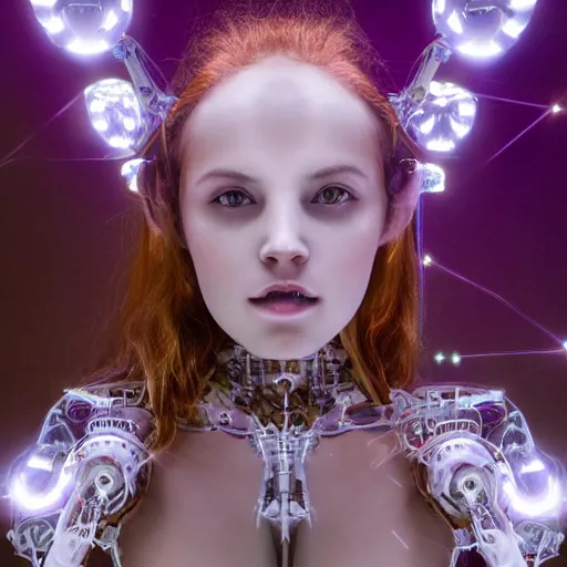 Prompt: beautiful Fine art photo portrait of enraptured young Angelica Bella as a solarpunk robotic goddess, white mechanical parts with led lights, photorealistic, white background, highly detailed and intricate, sunset lighting, 8k