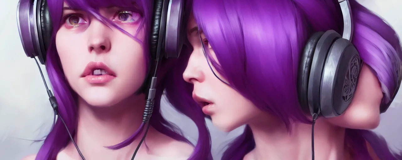 Image similar to wide - shot of stunningly beautiful purple haired female with headphones at home studio streaming computer games late at night, very detailed, 4 k, concept art like ernest khalimov, intricate details, highly detailed by greg rutkowski, ilya kuvshinov, gaston bussiere, craig mullins, simon bisley, backlit