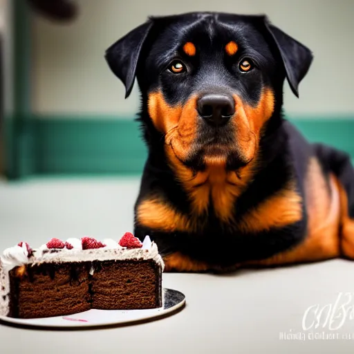 Image similar to a high - quality photo of a cute rottweiler with a half - eaten birthday cake, 4 5 mm, f 3. 5, sharpened, iso 2 0 0, raw