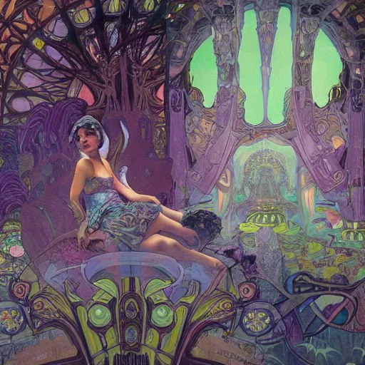 Prompt: a beautiful matte painting of lost in wonderland, a grand scale dystopic event by giger and lisa frank and alphonse mucha