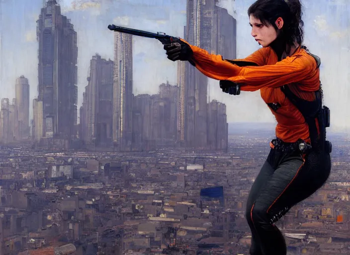 Image similar to Maria evades sgt Nash. Cyberpunk hacker in orange jumpsuit escaping menacing police troopers (blade runner 2049). beautiful face. Rooftop free running. Orientalist portrait by john william waterhouse and James Gurney and Theodore Ralli and Nasreddine Dinet, oil on canvas. Cinematic, hyper realism, realistic proportions, dramatic lighting, high detail 4k