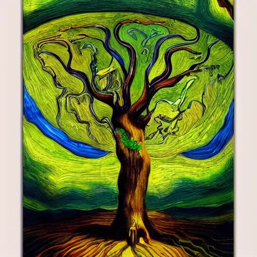 Prompt: Trending on artstation, highly detailed oil painting of a tree, in the style of Salvador Dalí, in the style of Vincent van Gogh