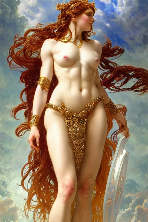 Image similar to painted portrait of aphrodite wearing armor, goddess of love, greek god, feminine, powerful, beautiful, upper body, white robe, muscular, fantasy, intricate, elegant, highly detailed, digital painting, artstation, concept art, smooth, sharp focus, illustration, art by gaston bussiere and alphonse mucha