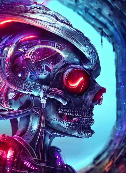 Image similar to a futuristic skull with glowing eyes and a wormhole tunnel, cyberpunk art by android jones, behance contest winner, computer art, darksynth, synthwave, rendered in cinema 4 d