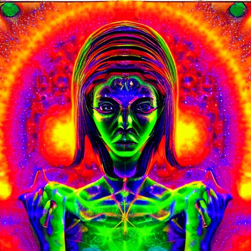 Image similar to “photo of a beautiful extraterrestrial woman goddess, psychedelic, dmt, lsd, epiphany, fractals, alien forms, organic, acidic, acid, 8k”