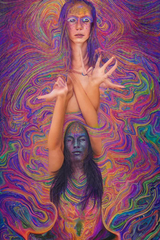 Image similar to ayahuasca tripping girl third eye open, chakra energy waves resonating from her body, ethereal aura, epic surrealism 8k oil painting, portrait, perspective, high definition, post modernist layering, by Sean Yoro, Casey Weldon