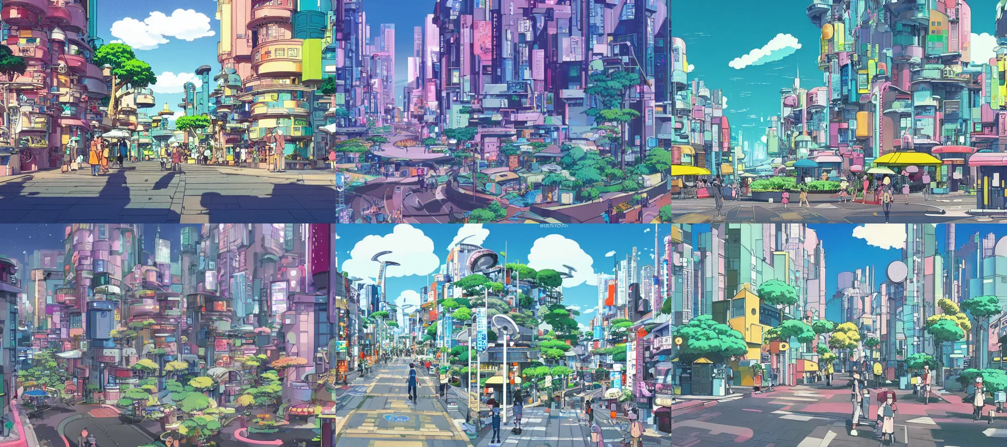 Prompt: an optimistic futuristic city street with a pop motif, by Studio ghibli